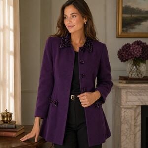 Vintage‎ Laura Madrigano Purple Velvet Trim Longline Wool Jacket Blazer Sz 4
